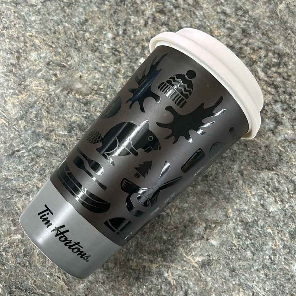 Tim Hortons Canadian Eh? 2018 Coffee Travel Cup Mug Black and Grey